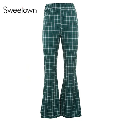 as picture Sweetown повседневные клетчатые брюки-клеш Женские Модные эластичные брюки с высокой талией осенние расклешенные брюки уличная одежда - Цвет: as picture