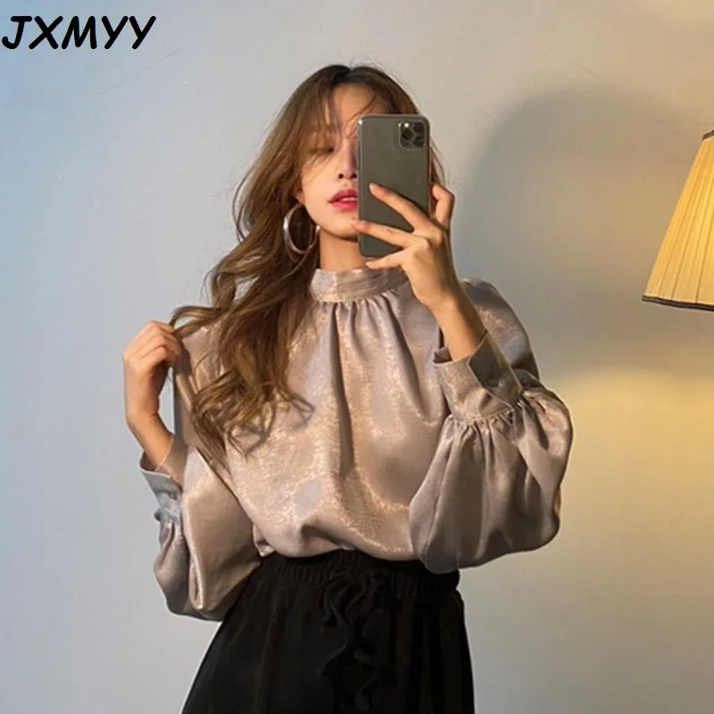 

New Korean Fashion Smooth Blouse Women Spring Slim Office Lady Elegant Tops Lantern Sleeve Solid Stand Collar Shirt JXMYY