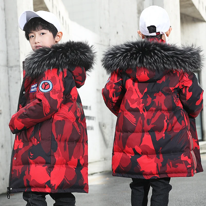 

Boys Jackets Children Winter Boys 4 Color Long Style Duck Down Coat Big Fur Windproof With Hooded Thickened Warm Kids Snowsuit