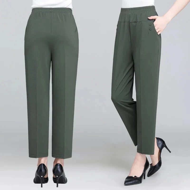 Middle-aged Elderly Women 2021 Pants Summer Thin Nnine-Point Pants Loose Korea Version High-waist Middle-age Female Casual Pants