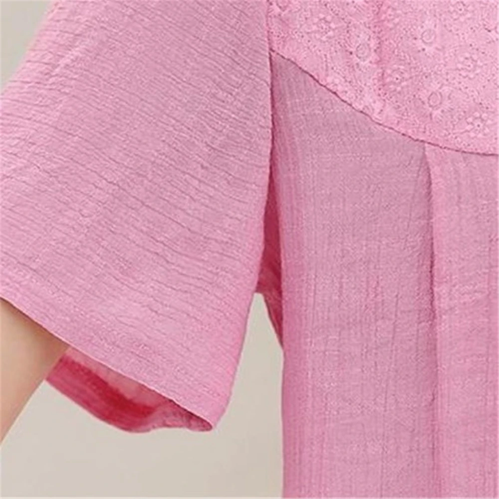 

Woman summer plus size V-neck solid Short three button loose cotton shirts female autumn oversized hedging fold flax blouse