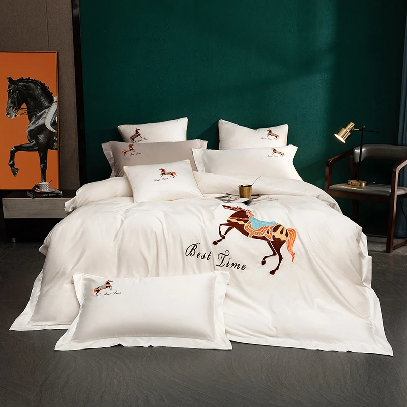 

Luxurious White Horses Satin Egyptian Cotton Embroidery Duvet Cover Bed Linen Fitted Sheet Pillowcases Bedclothes King Queen 4pc