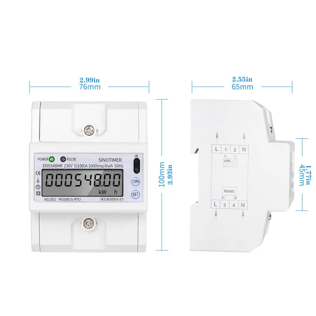 

SINOTIMER DDS548MR 5-100A 230V Multi-functional Single Phase AC Power Consumption Meter Monitoring Rail With RS485 Modbus