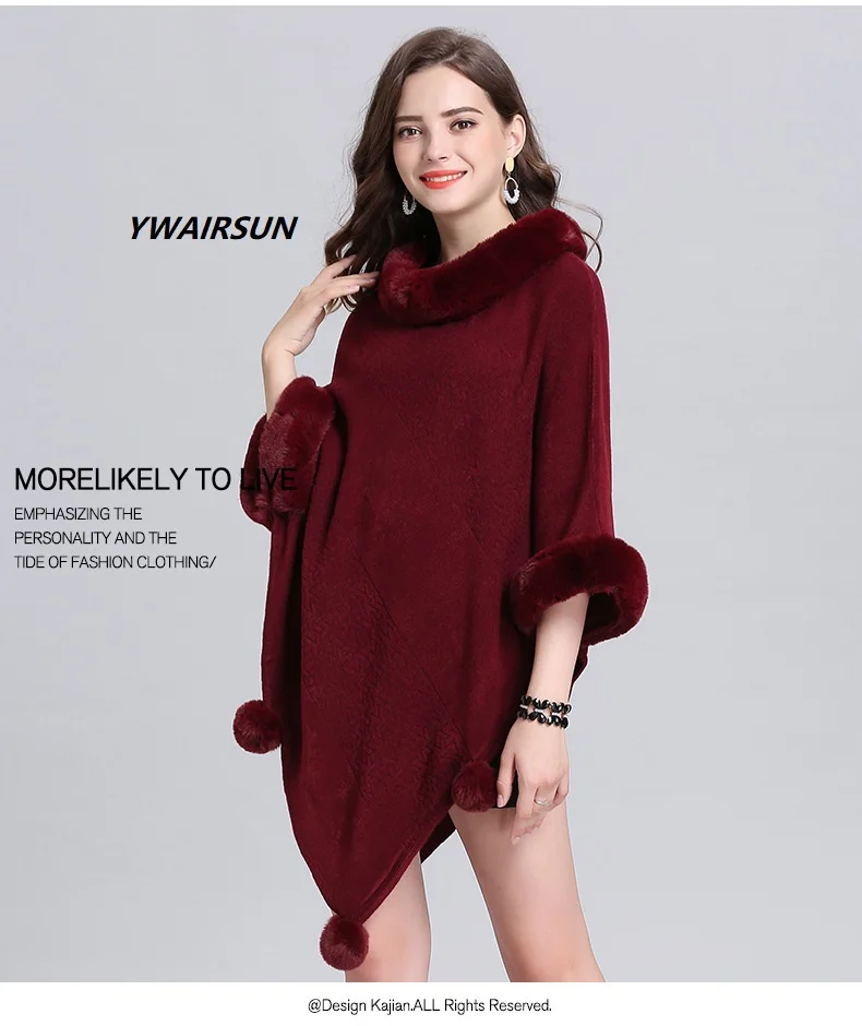 Женский жаккардовый плащ из кроличьего меха с помпоном| |