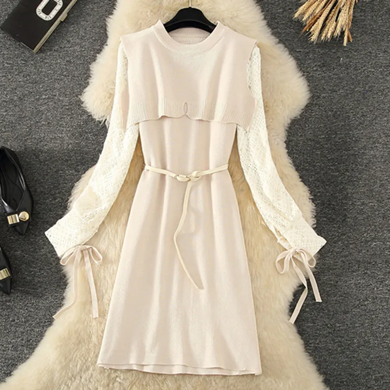 

Модное шикарное вязаное платье с поясом, Кружевное облегающее вязаное платье-свитер с длинным рукавом, женское осенне-зимнее платье 2021