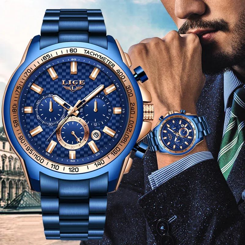 LIGE 2020 новые синие полностью стальные модные мужские часы Лидирующий бренд