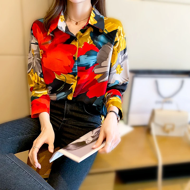 

Fashion Ladies Autumn Spring Vintage Printed Women's Shirts Long Sleeve Chiffon Blouses Shirts Top Women Female Clothing SL181