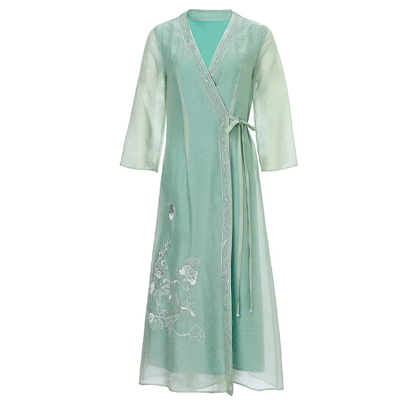 

High Quality Brand Chinese Style 2020 Spring Summer Green Yellow Dress Women V-Neck Lurex Embroidery Mid-Calf String Belt Dress