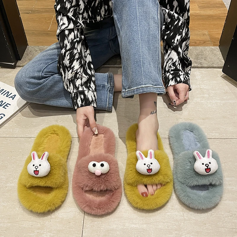 

Home Slippers Women's Slides Fashion Fur Shoes Loafers Pantofle Flock Massage Luxury Plush 2021 Flat with fur Rome Rubber Short