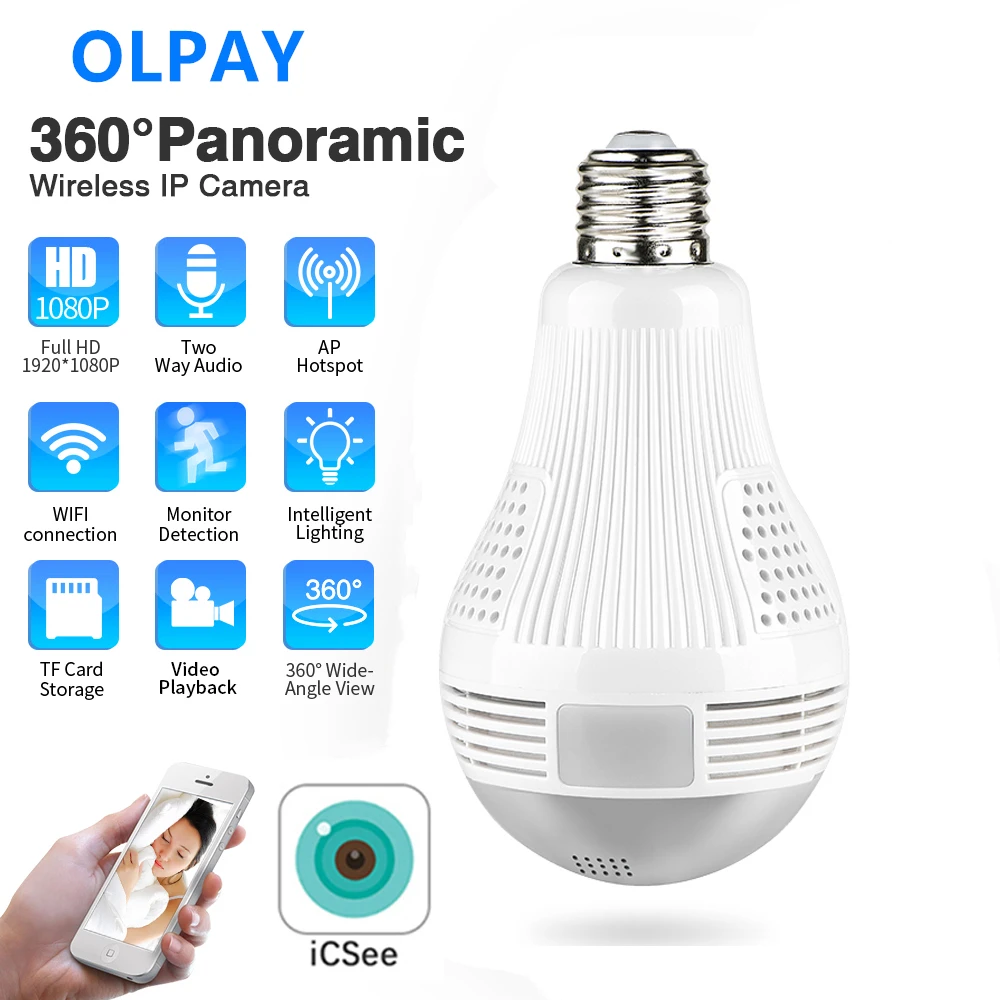 OLPAY HD 360 ° панорамный Wifi 1080P IP Камера светильник лампочка домашней безопасности