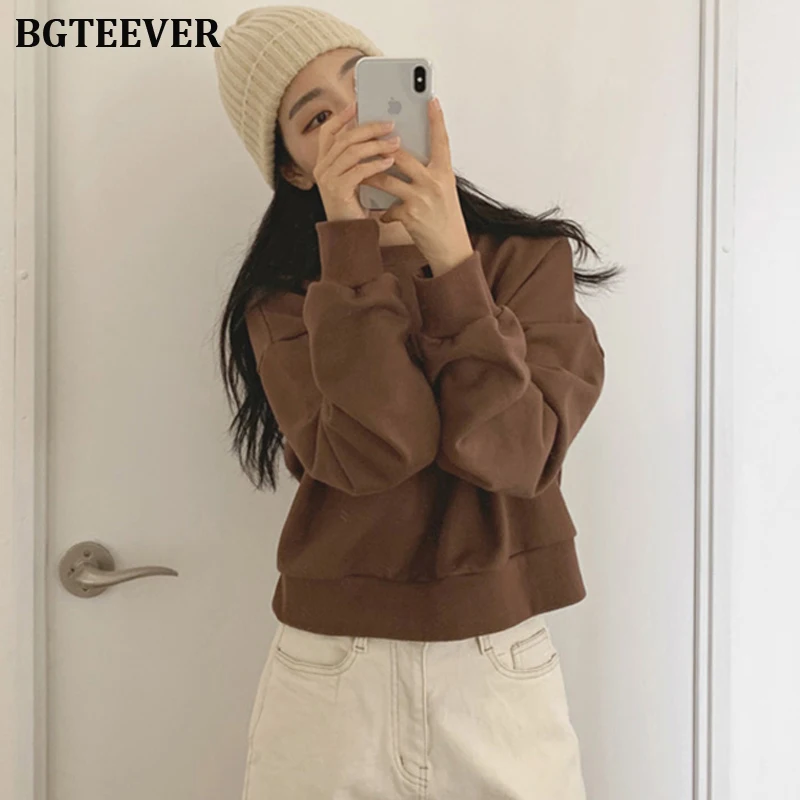 BGTEEVER Осенняя короткая женская толстовка с круглым вырезом и длинным рукавом