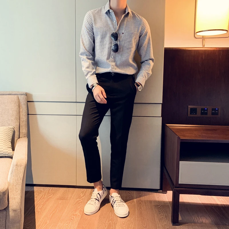 Мужская клетчатая рубашка Повседневная Свободная серого зеленого синего цветов