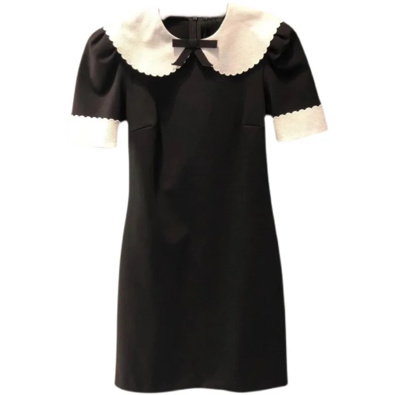 

Miu family black dress stitching bow tie short sleeve skirt show thin baby collar short skirt 2021 spring and summer Yb