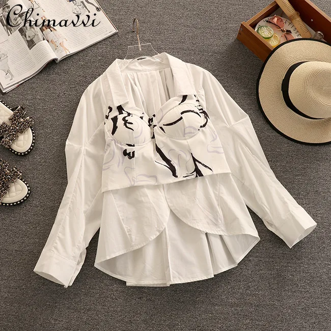 

Женская блузка с длинным рукавом, осенняя белая блузка в Корейском стиле с имитацией двух предметов, Повседневная Свободная верхняя одежда,...