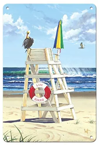 

Pelican Perch - Life Guard Stand - from an Original Color Painting by Scott Westmoreland - Vintage Metal Tin Sign