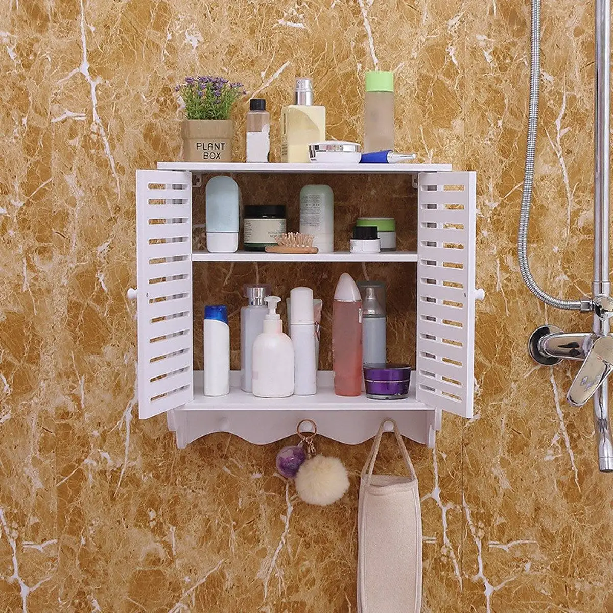 

Wall Mounted Bathroom Shelf Rack Cabinet with Hook 2-Tier Shower Cosmetic Storage Closet Corner Sundries Organizer Holder Tray
