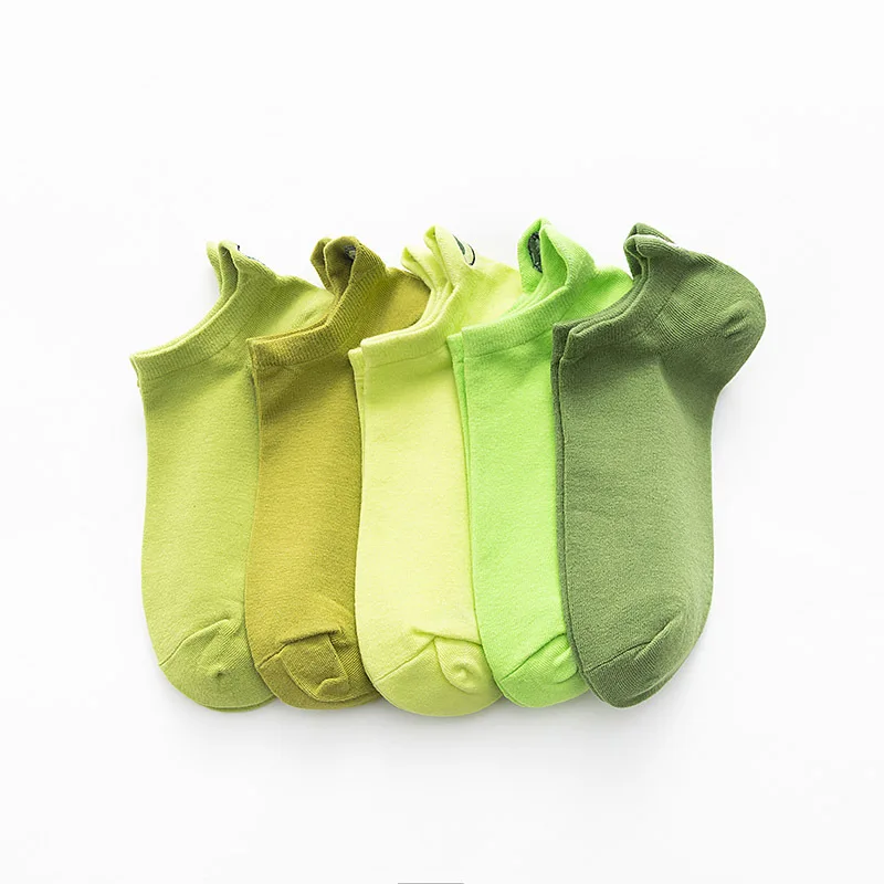 10Pcs=5Pairs/Lot New Green Cotton Women's Boat Socks Breathable Comfort Embroidery Avocado Cartoon Cute Socks Pack