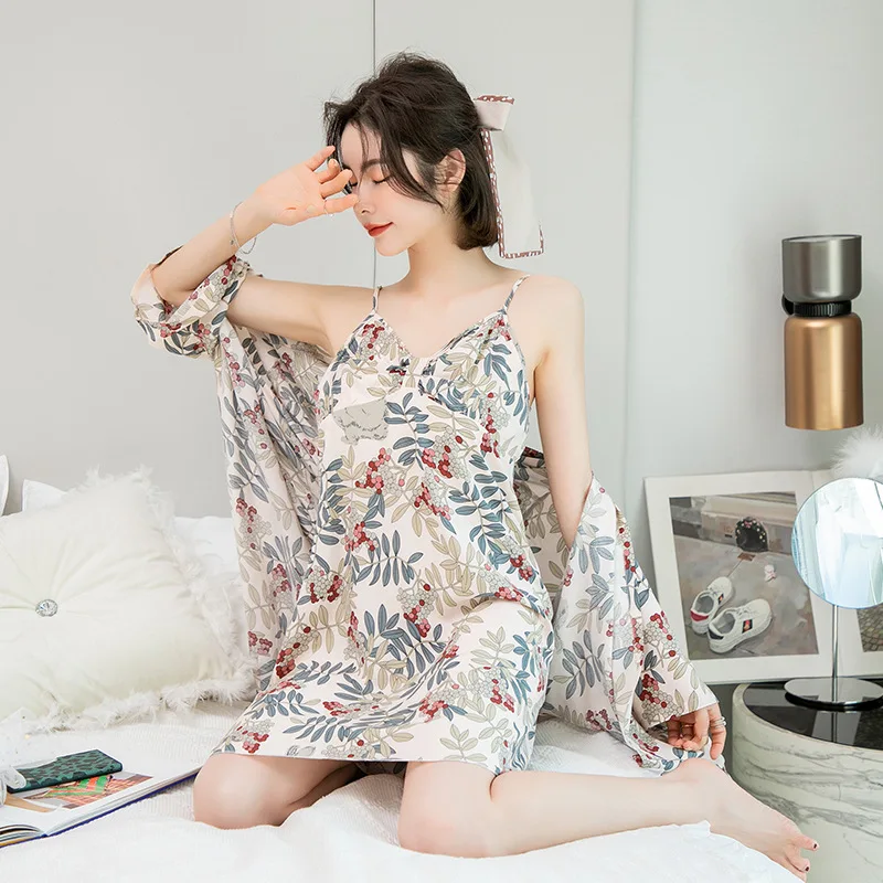 

Sweet Ladies Nightgown Two Piece Set women's Cotton Satin Sleepwear Sexy Sling Nightdress Printed Robe Loose Sleepdress Homewear