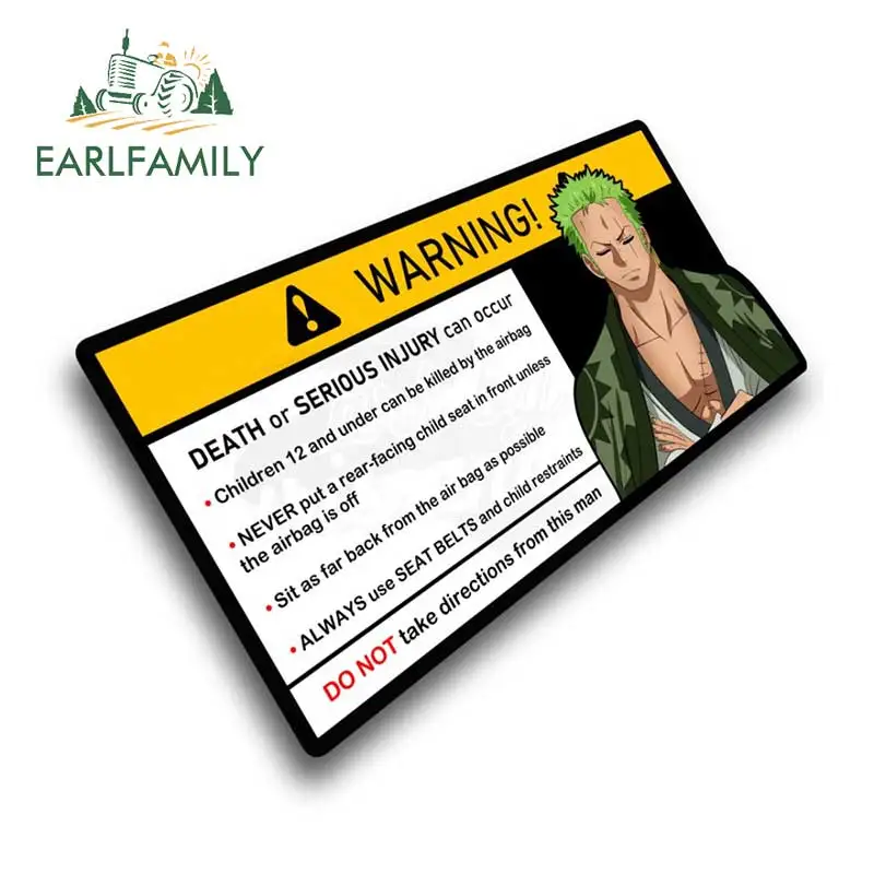 

EARLFAMILY 13cm x 6.1cm Creative Car Sticker for Roronoa Zoro Warning Decal Cartoon Anime Vinyl JDM Window Trunk Stickers