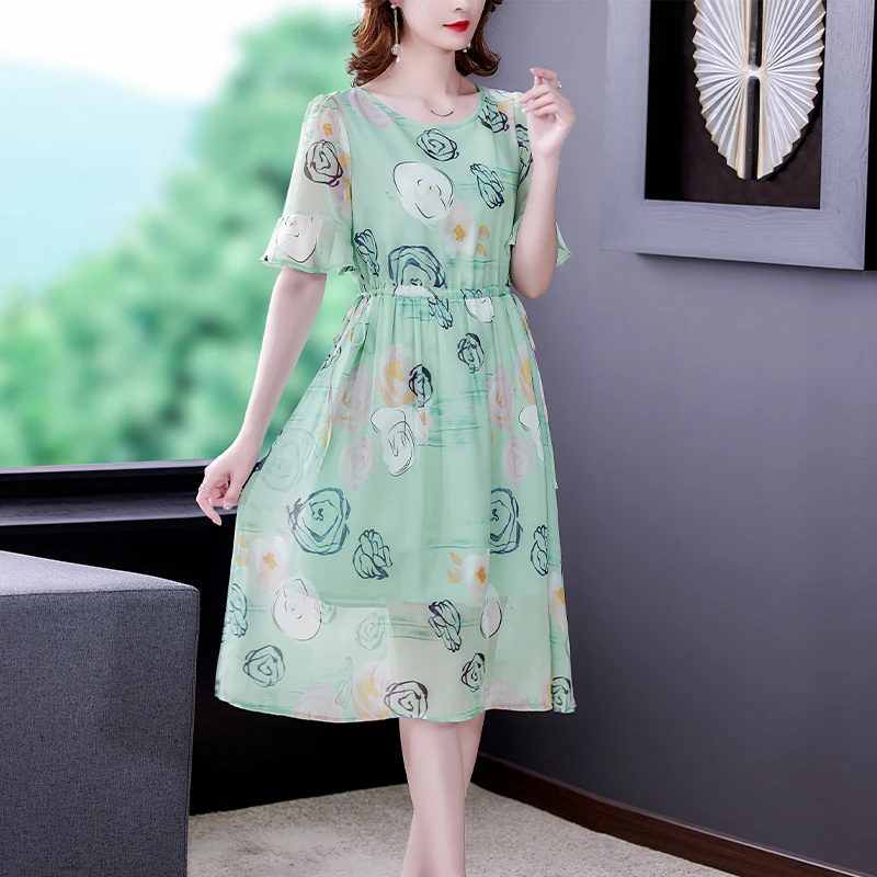 

2021 New Summer Women O-Neck Speaker Sleeve Drawstring Slim Long Dress Sweet Flowers Print Mulberry Silk Dress