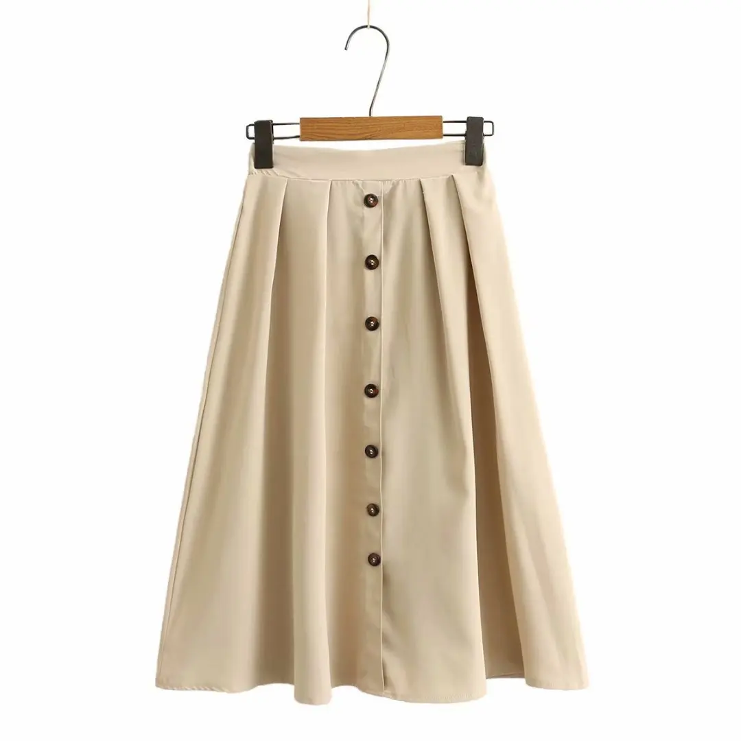 

Plus size Khaki sky blue black women elastic waist button skirts 2021 new summer casual ladies cotton skirt female oversized