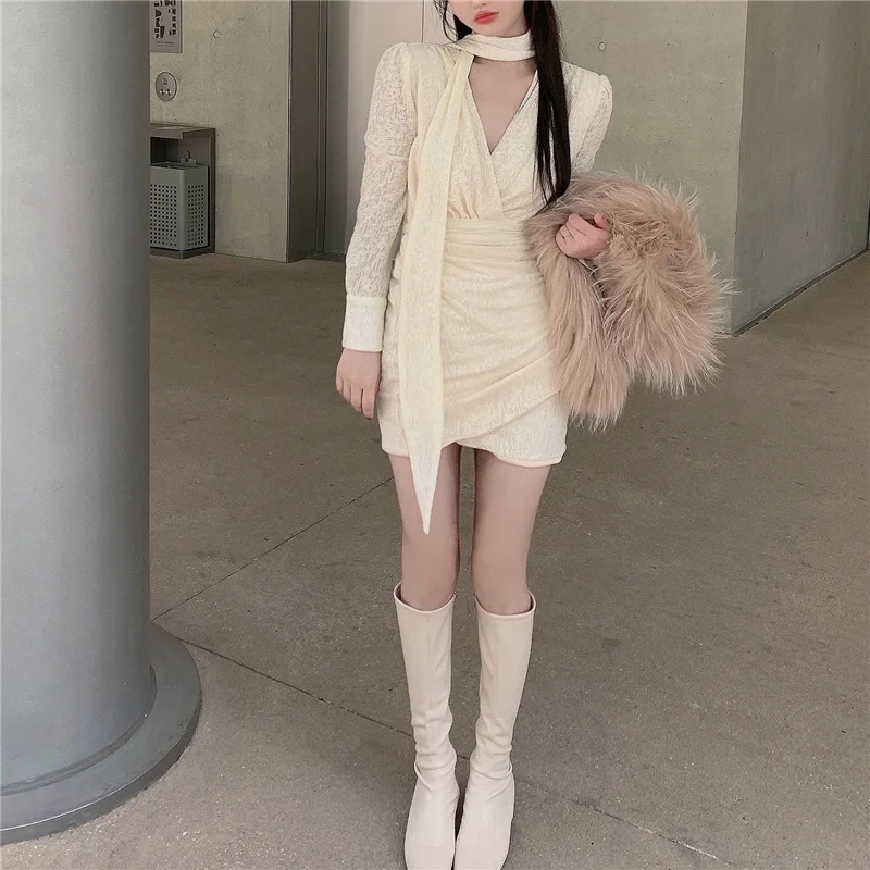 

CMAZ Dress For WomenReal Shot Cost-Effective 2021 Autumn Bow Tie Puff Sleeve