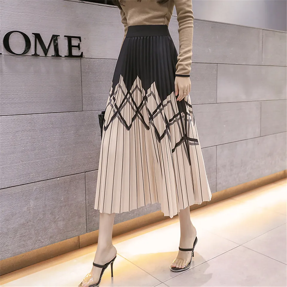 

Harajuku Vintage flowy Elastic Knee Length streetwear Womens Skirt Long Skirts Clothing Black Pencil Winter High Waist