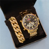 kat hot selling fashion led electronic men watches set with bracelet dual display steel belt waterproof mens watch set