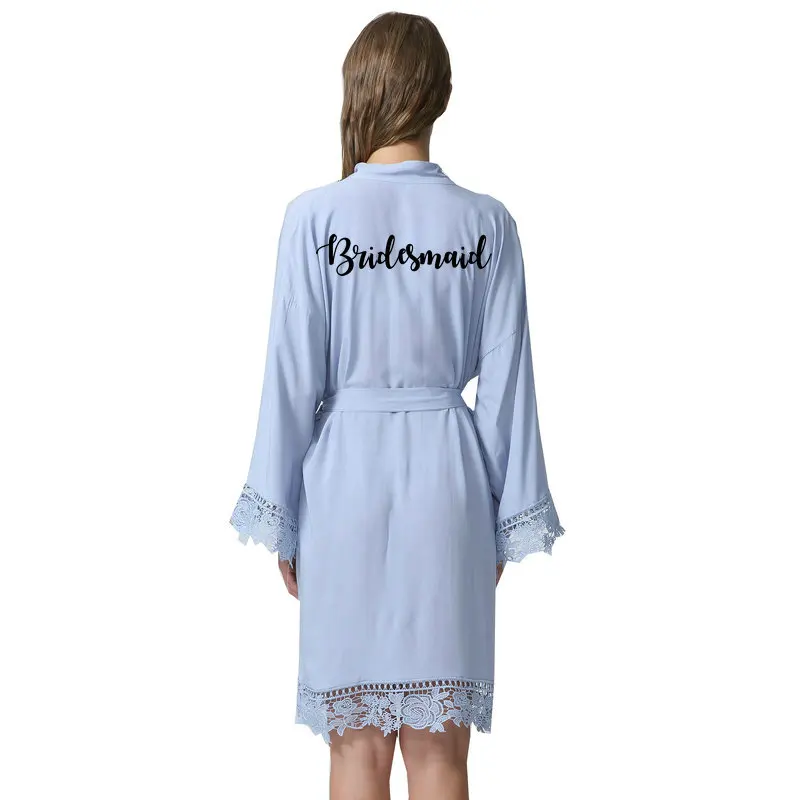 blue bridesmaid YUXINBRIDAL Бургундия невесты халаты хлопок кимоно халаты с кружевной отделкой женский свадебный Халат короткий пояс - Цвет: blue bridesmaid