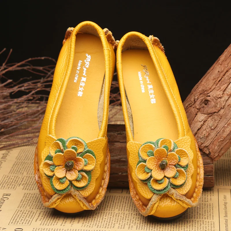 

Womens PU Leather Ethnic Style Flower Round Toe Flat Floral Soft Casual Shoes Slip On 8Colors Retro C409