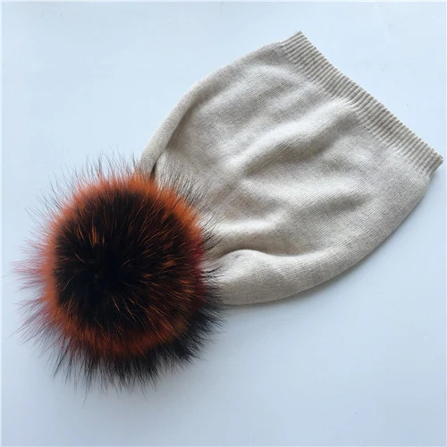 Beige colorful fur Вязаная шапка из натурального меха енота с помпонами, женские шапки бини, кашемировая зимняя шапка, Женская хлопковая шапка Skullies, шерстяная шапка - Цвет: Beige colorful fur