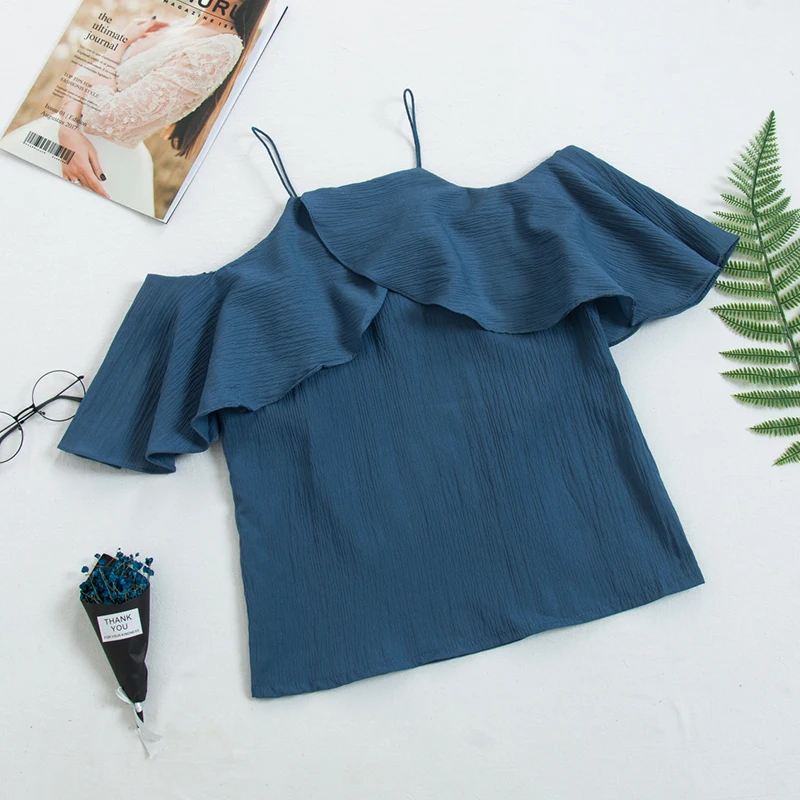 HELIAR 2019 Summer Spaghetti Tops Flounce Shoulder Blouse Plain Top Women Fashion Streetwear Female Solid Sexy Beach | Женская одежда