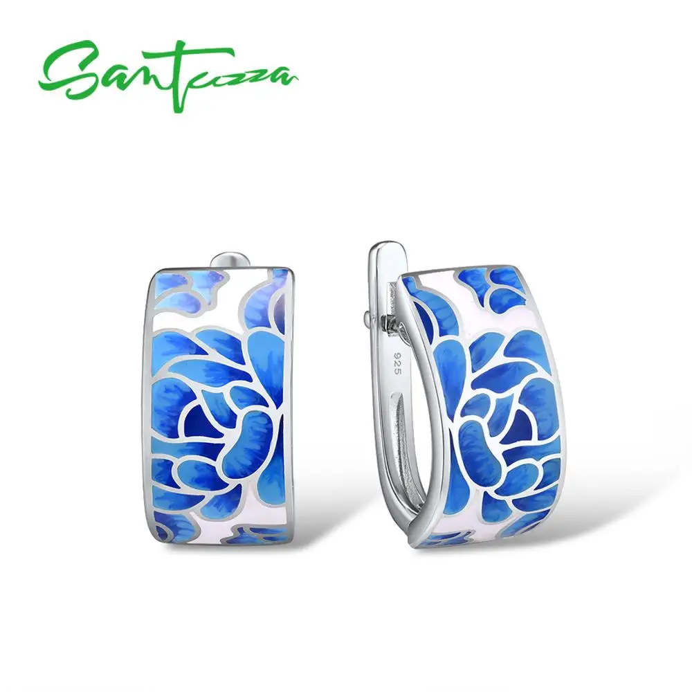 SANTUZZA, серебряные серьги для женщин, натуральная 925 пробы, серебряные, синие, цветок, эмалированные серьги, модный подарок, хорошее ювелирное изделие ручной работы