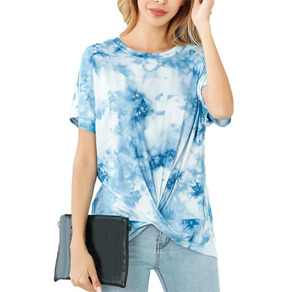 

Женская футболка, с круглым вырезом и коротким рукавом, свободная футболка с перекрещивающимся краем, лето, 2020