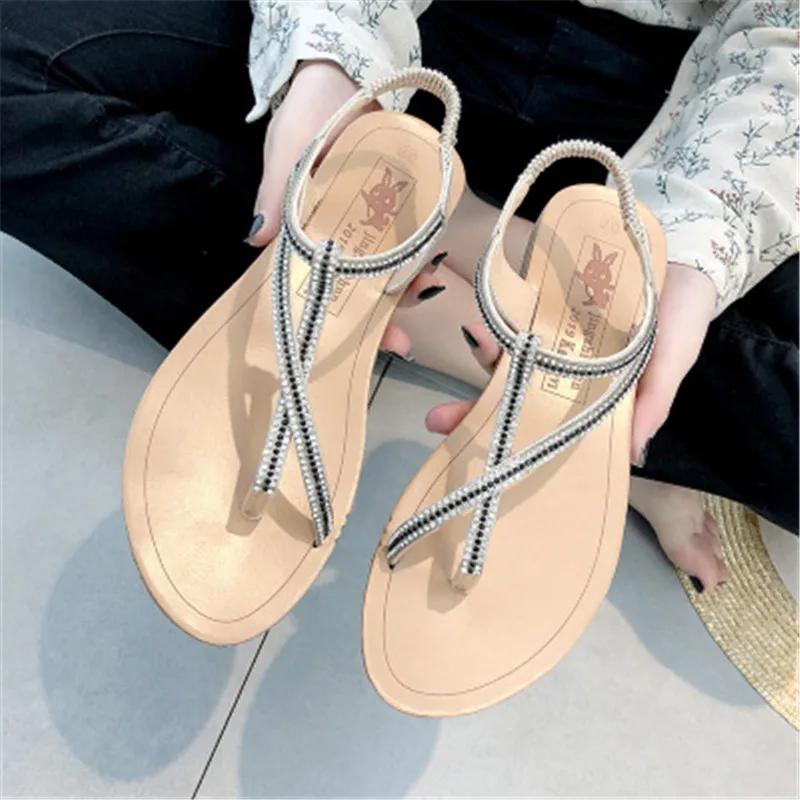 Сандалии женские с кристаллами повседневные однотонные босоножки на плоской