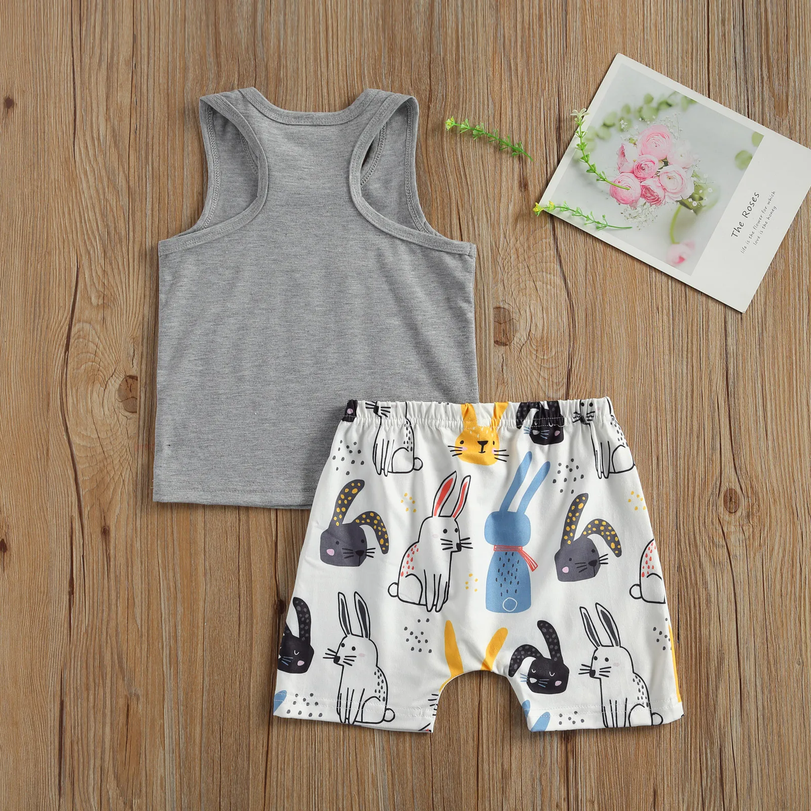 

2020 New 6M-4Y Toddler Kid Baby Girl Boy Summer 2Pcs Set BUNNY Letter Print Vest Sleeveless Gray Top+Rabbit Shorts Easter Outfit