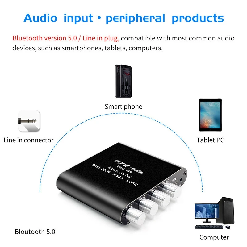 VAORLO Bluetooth 5 0 TPA3116D2 HIFI цифровой усилитель мощности 2 1 канал 2X50W + 100 Вт стерео |