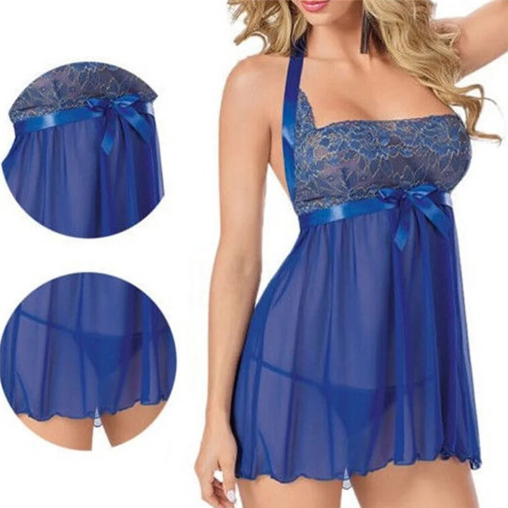 Женское прозрачное кружевное платье на бретелях с бантом размера плюс ночная