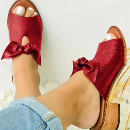 

2021 Women Bow Square Heels Slippers Female Simplicity Peep Toe Elegant Shoes Ladies Fashion Leisure Summer Footwear Big Size