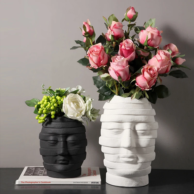 

Креативная керамическая ваза, абстрактная Цветочная композиция с человеческим лицом, современное настольное украшение для дома, черные и б...
