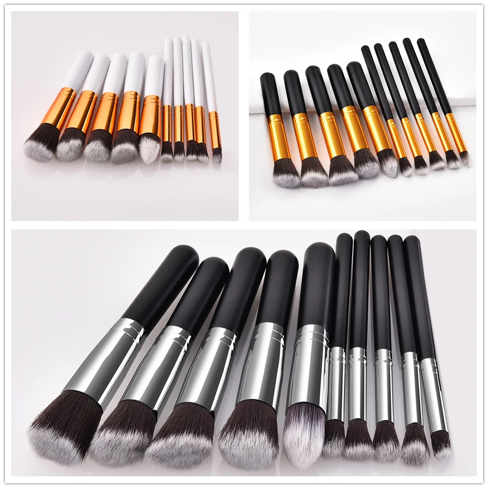 Набор профессиональных кистей для макияжа 10 шт. черная белая ручка золото