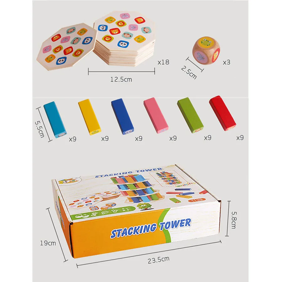 

Montessori Educational Wooden Toys Wooden Building Blocks Cartoon Colorful Rainbow Domino Stacking Tower Board Games For Kids