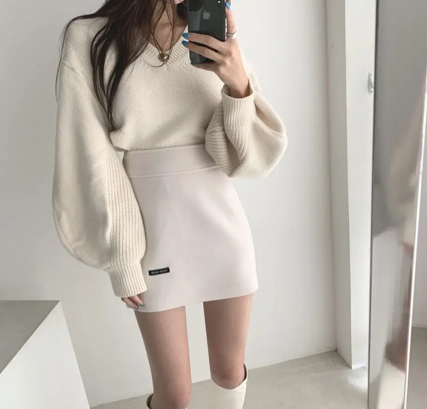 Korean Clothing Vintage Skirt and Top Set Women Long Sleeve Sweater Backless Belt Pullover And High Waist Woolen Mini Skrit |