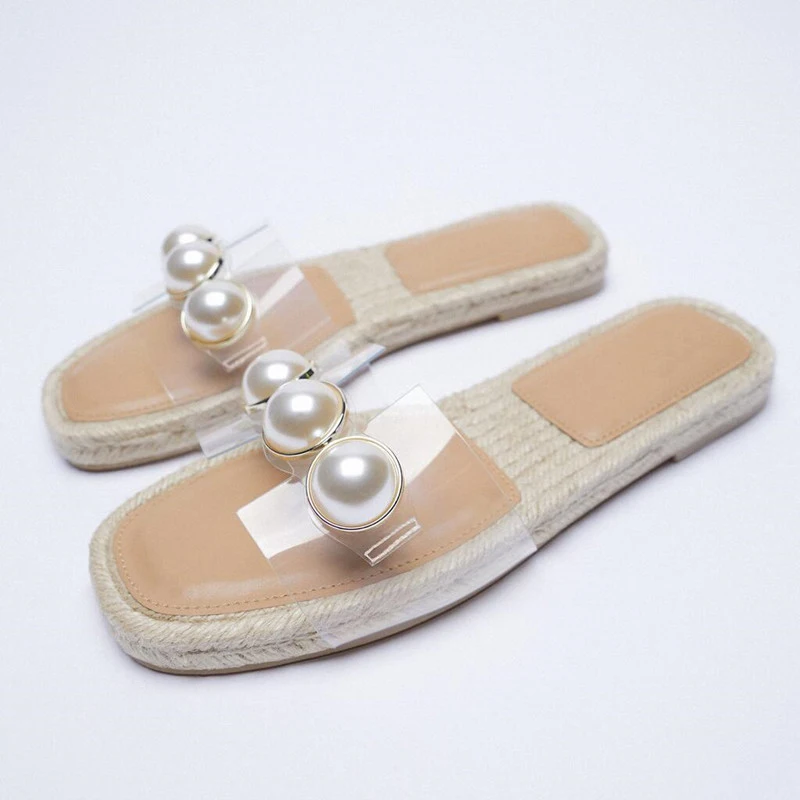 

Женская обувь; Новинка 2021 года; Летние женские прозрачные джутовые тапочки на плоской подошве с жемчужной вставкой из ПВХ