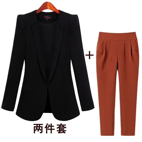 Black TopCaramelPant Корейский маленький костюм женский пиджак осень весна длинный рукав скрытый однобортный рабочий Блейзер костюм размера плюс - Цвет: Black TopCaramelPant