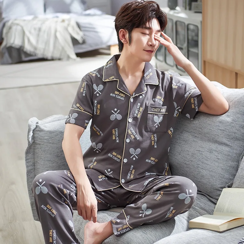 

2020 Summer 100% Cotton Casual Plaid Pajama Sets for Men Short Sleeve Long Pants Sleepwear Male Homewear Loungewear Home Clothes