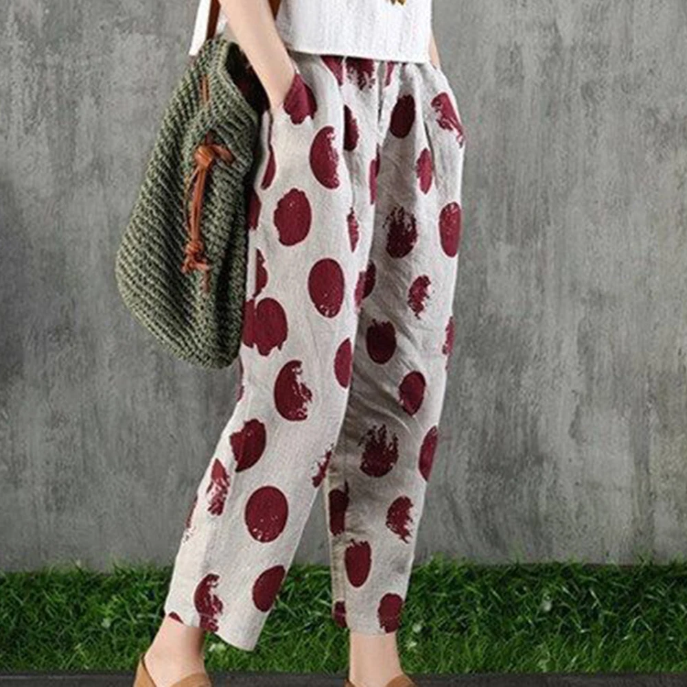 Женские штаны-шаровары с высокой талией и эластичным поясом принтом большого