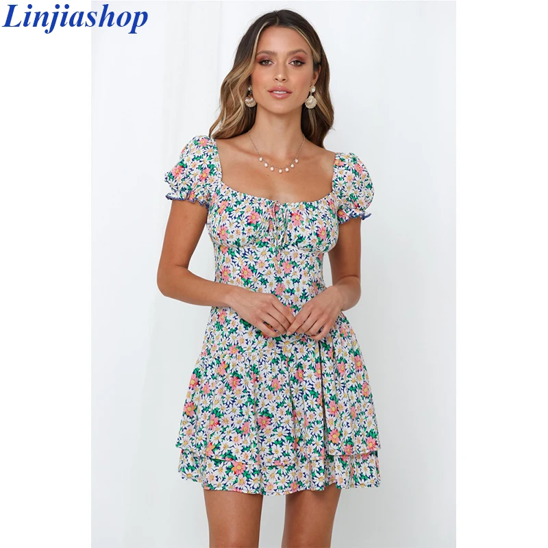 Linjiashop, винтажное мини-платье с квадратным вырезом, женское облегающее платье с коротким рукавом, женское платье с запахом, vestidos, Прямая поставка