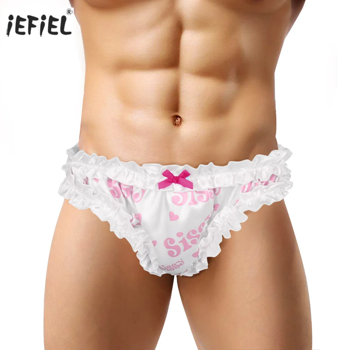 Мужские трусы стринги с оборками sпанси черные мягкие атласные высоким вырезом