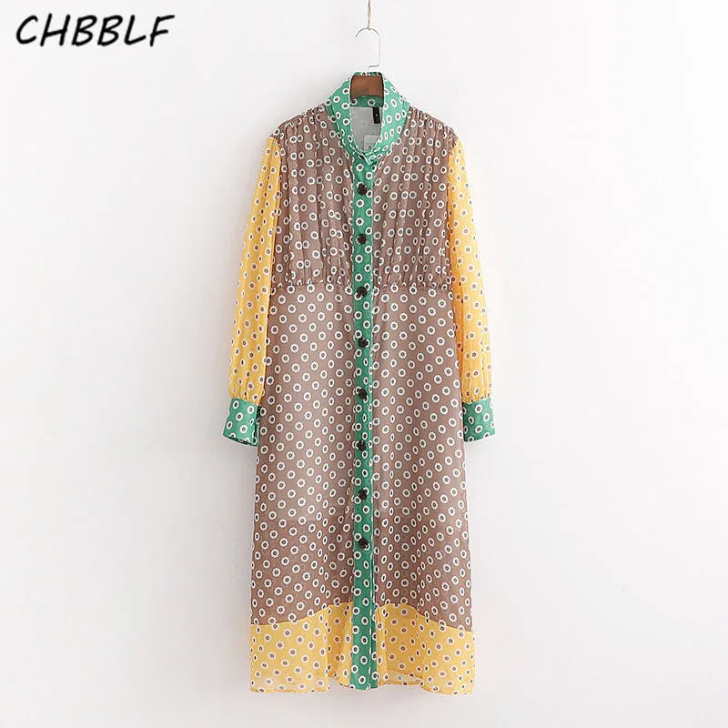 CHBBLF women color patchwork shirt dress long sleeve stand collor female casual chic midi dresses vestidos POP2378 | Женская одежда